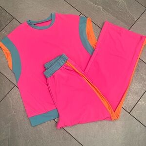 Vibrant Pink and Teal Ruffled Top